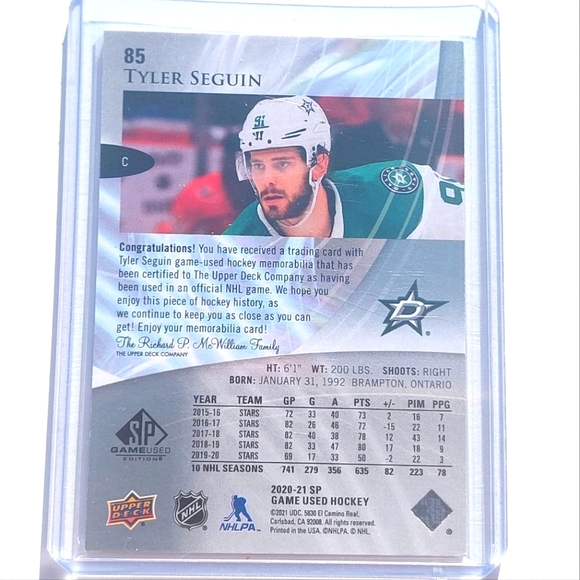 Tyler Seguin Upper Deck SPX Game Used Jersey Hockey Card #85 2020/21 - Picture 2 of 2
